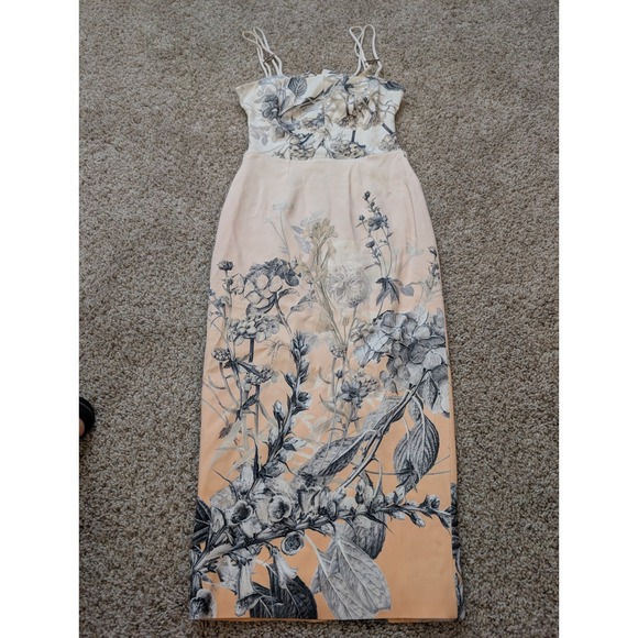 Karen Millen Dresses & Skirts - Karen Millen Floral Pencil Midi Dress Peach Cream Cutout Back Gold Zip Womens 2